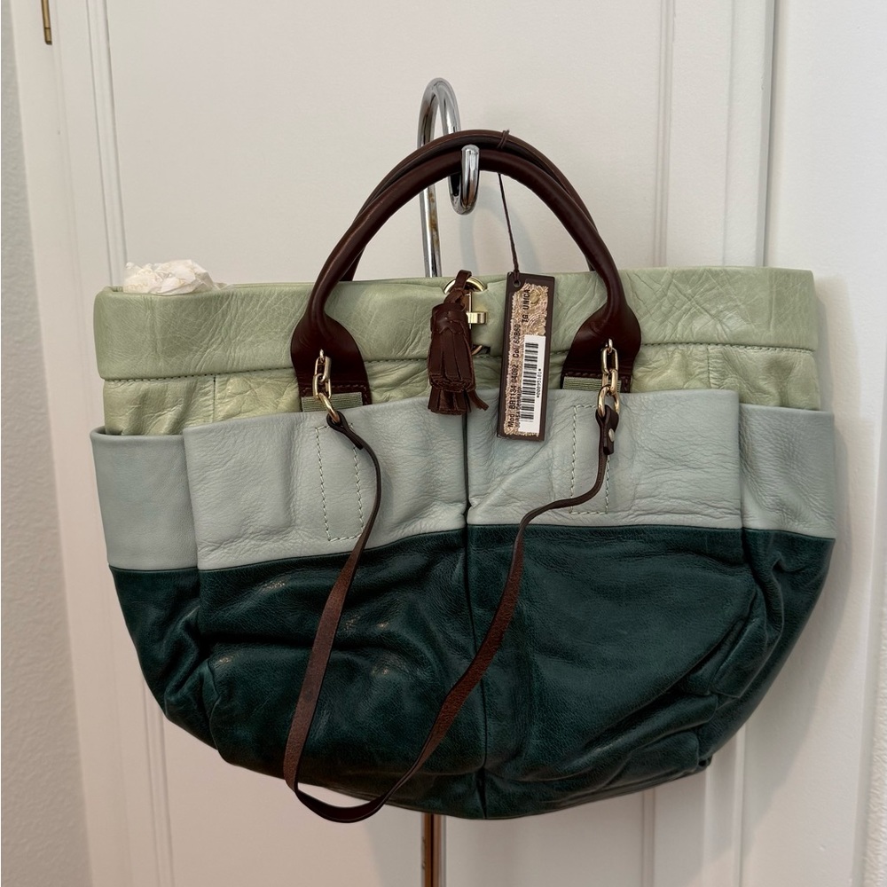 Women’s Colorblock Leather Tote Bag - Mint, Light Gray & Forest Green